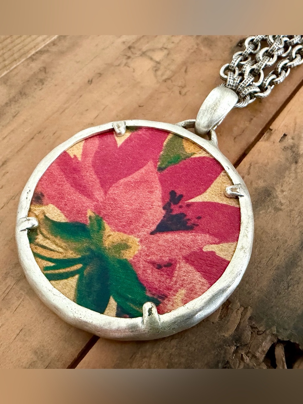 PATRICIA NASH SILVER TONE DOUBLE CHAIN PINK FLORAL PENDANT NECKLACE